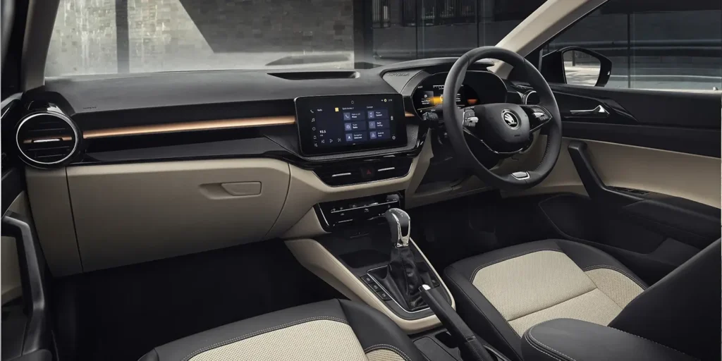 Skoda Slavia interior features with virtual cockpit and sunroof