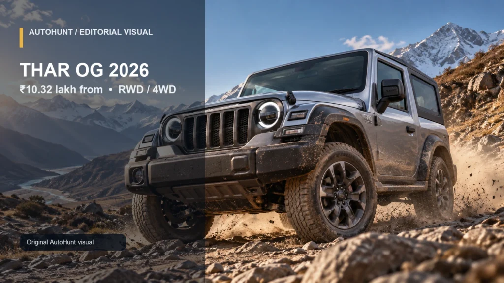 Mahindra Thar OG front three-quarter AutoHunt editorial visual
