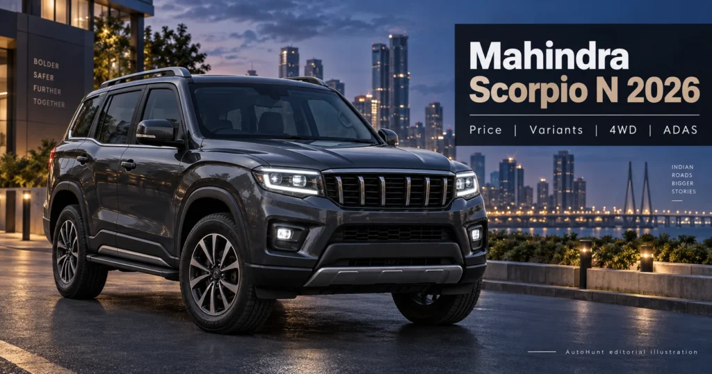 AutoHunt editorial illustration of a rugged Scorpio-N-inspired SUV for Mahindra Scorpio N 2026 guide