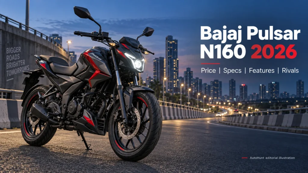 AutoHunt editorial illustration of a Bajaj Pulsar N160-inspired naked motorcycle