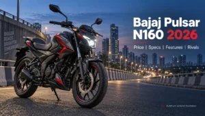 AutoHunt editorial illustration of a Bajaj Pulsar N160-inspired naked motorcycle