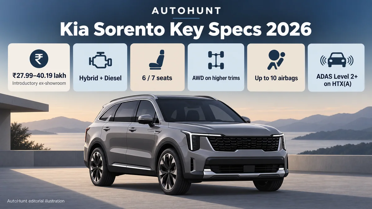 AutoHunt editorial illustration listing Kia Sorento India 2026 price range, powertrains, seating, AWD and safety highlights.