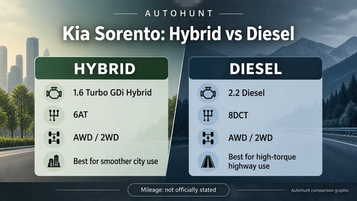 AutoHunt comparison graphic for Kia Sorento hybrid and diesel engines, transmissions, drive options and buyer use cases.
