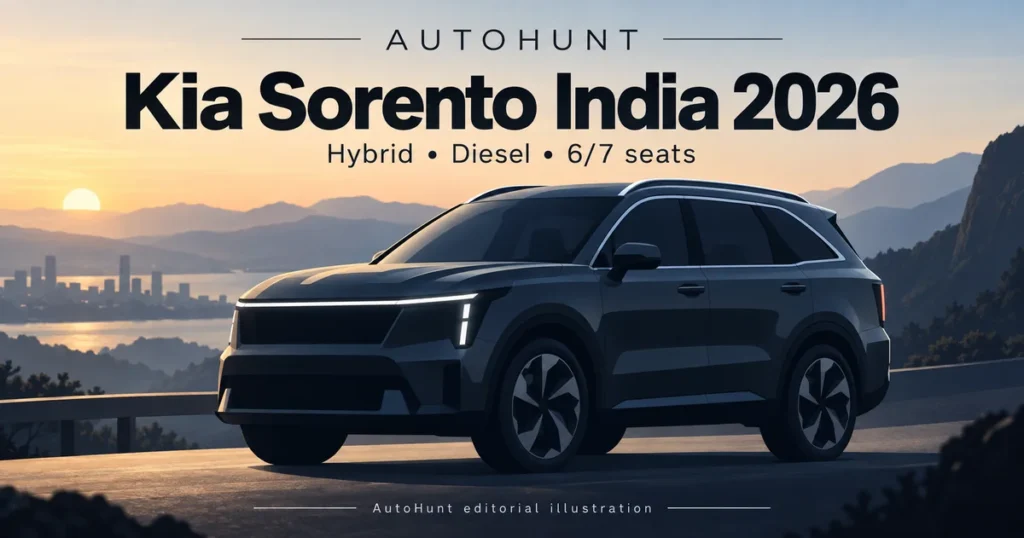 AutoHunt editorial illustration for the Kia Sorento India 2026 guide, showing a generic premium three-row SUV.