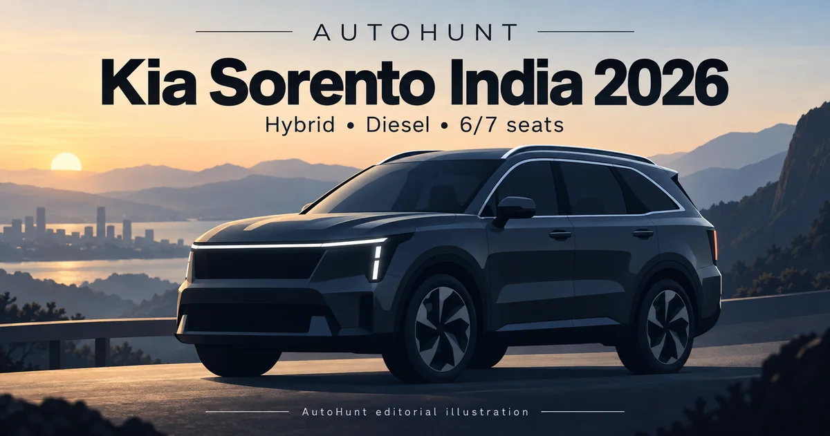 AutoHunt editorial illustration for the Kia Sorento India 2026 guide, showing a generic premium three-row SUV.