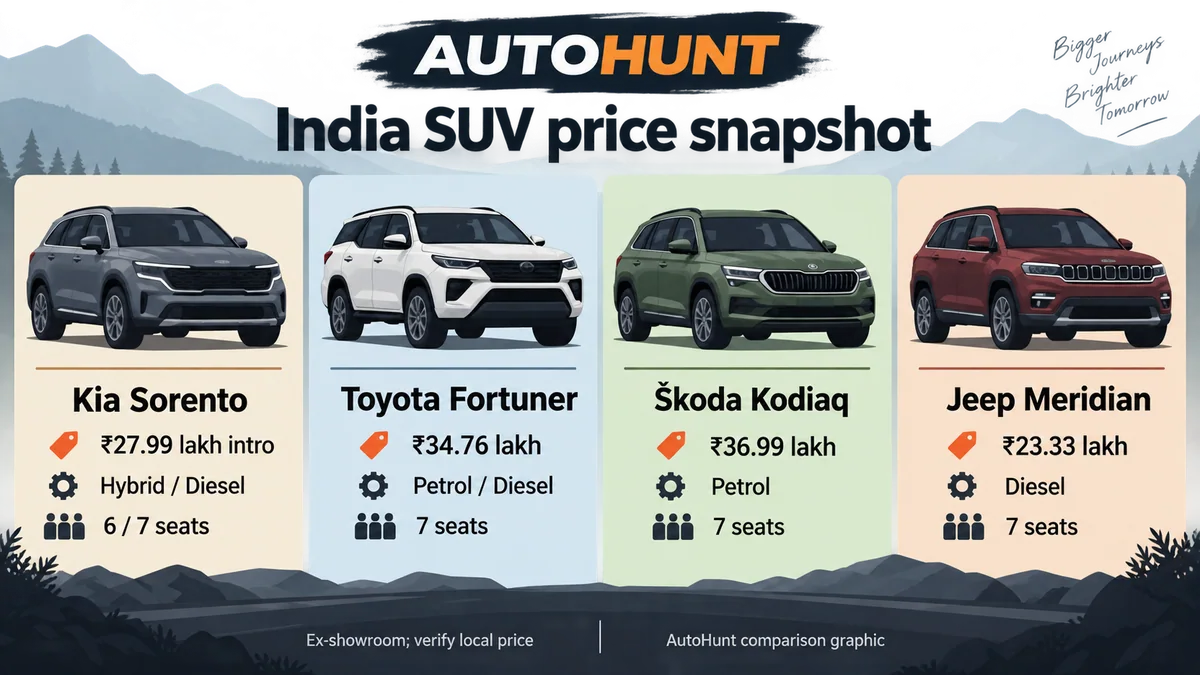 AutoHunt comparison graphic comparing Kia Sorento, Toyota Fortuner, Skoda Kodiaq and Jeep Meridian India price starting points, powertrains and seating.