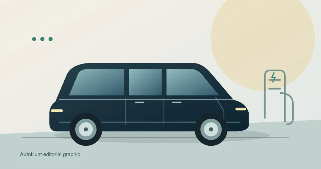 AutoHunt editorial illustration of a generic electric family MPV beside a charging point