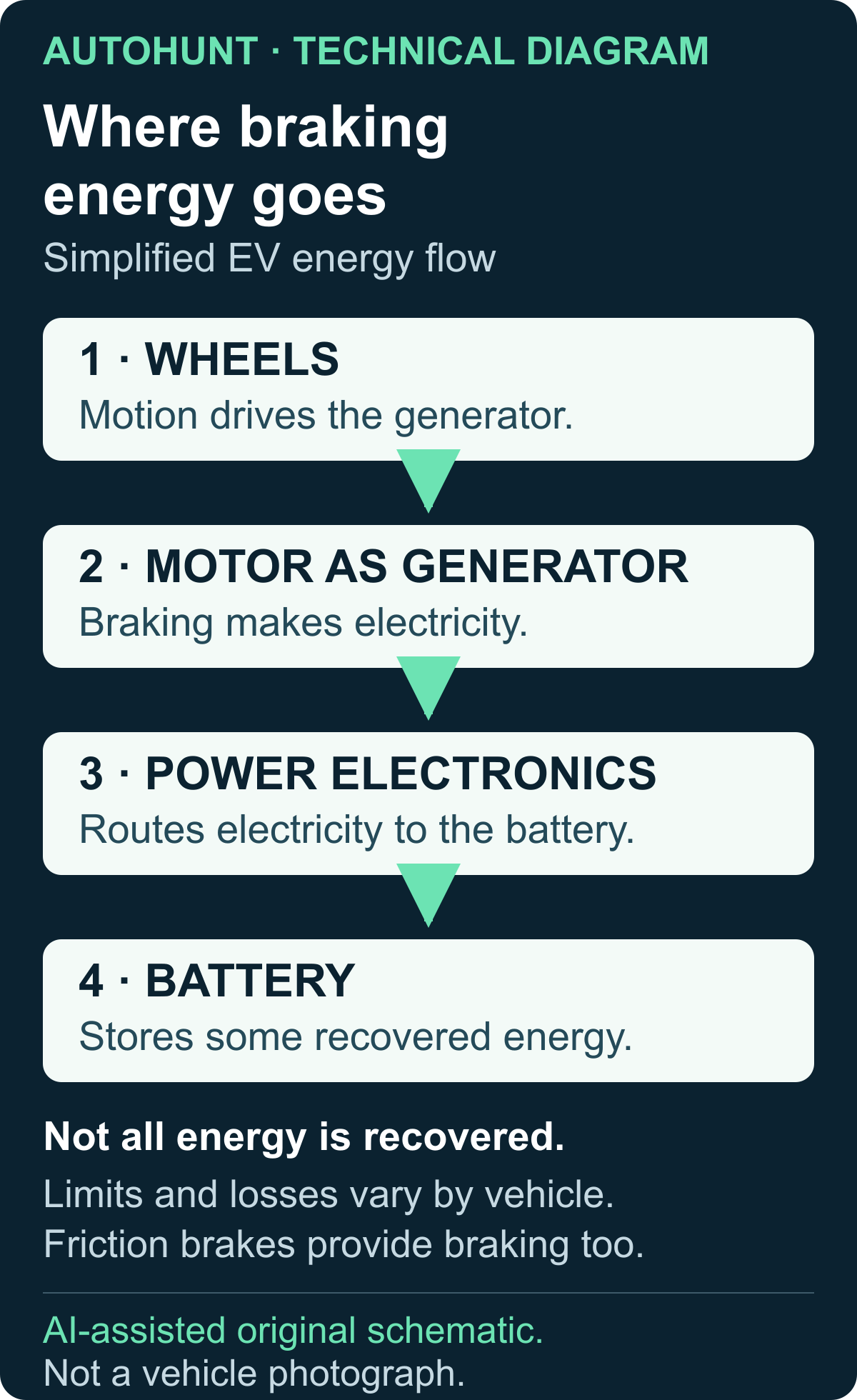 Simplified EV braking-energy flow from wheels through a generator and power electronics to the battery.