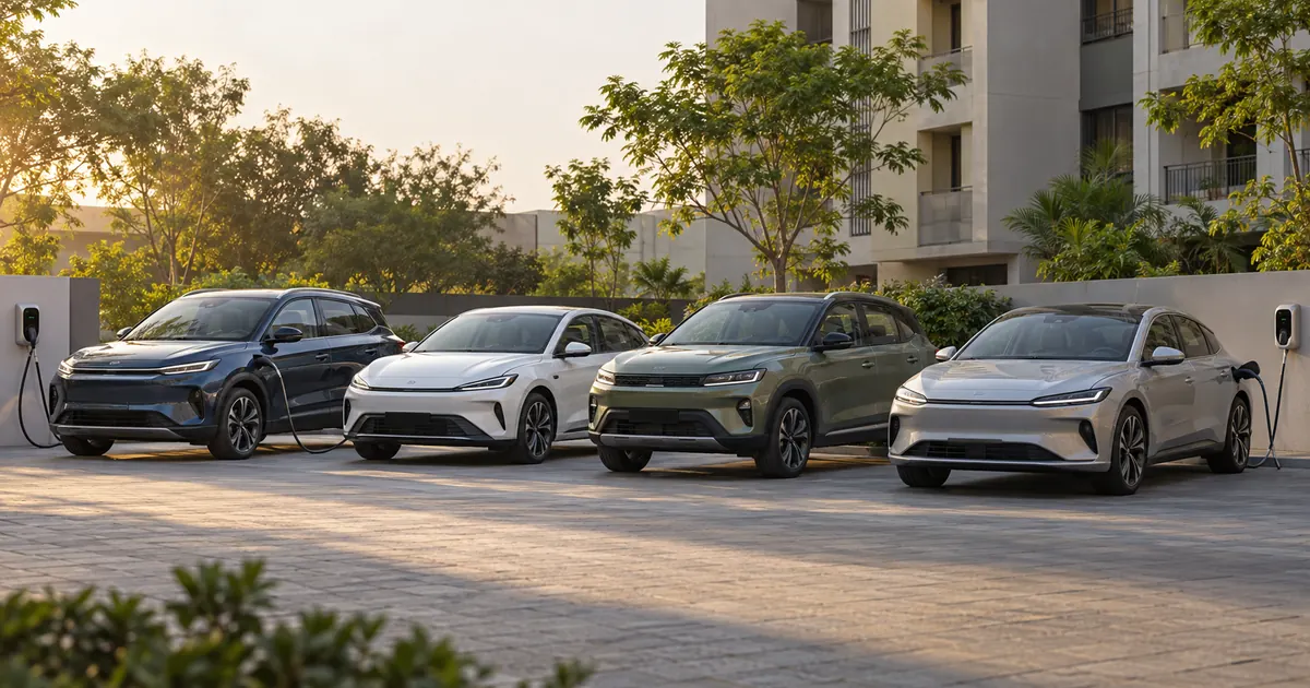Four unbranded cars parked in morning light beside two residential charging points